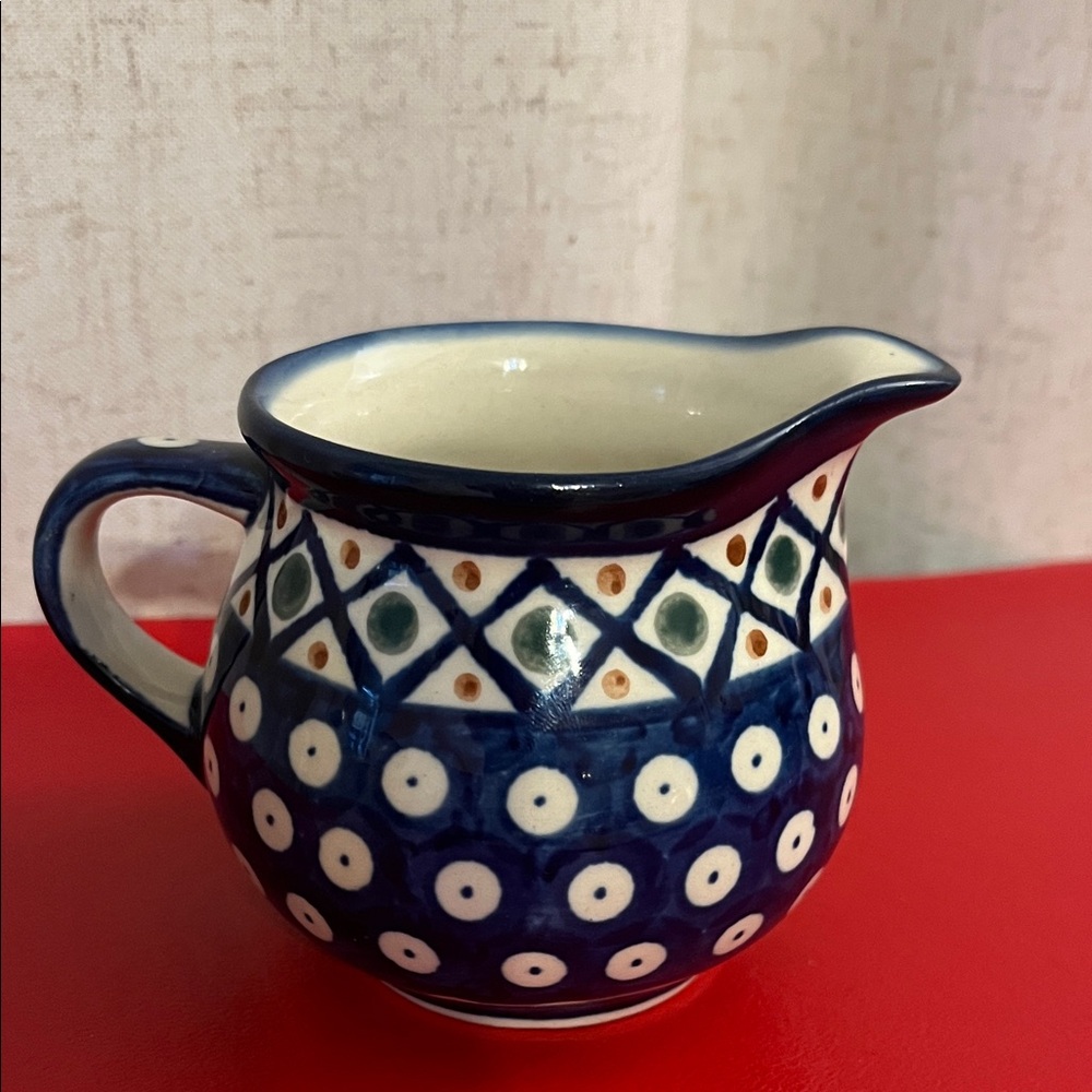 Boleslawiec Polish Pottery Ceramic Creamer Geometric Blue White Handmade